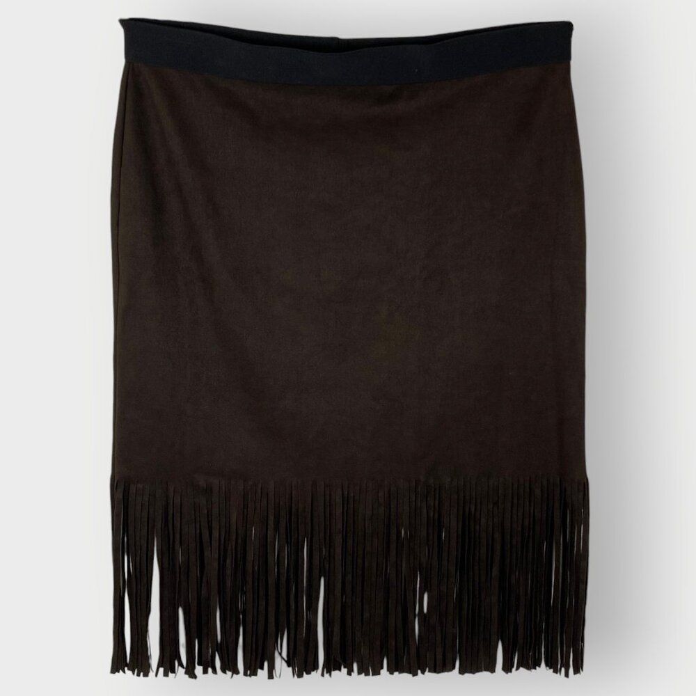 Vtg Karen Kane Faux Suede Fringe Skirt | L | Brown USA | Prairie Rodeo Western